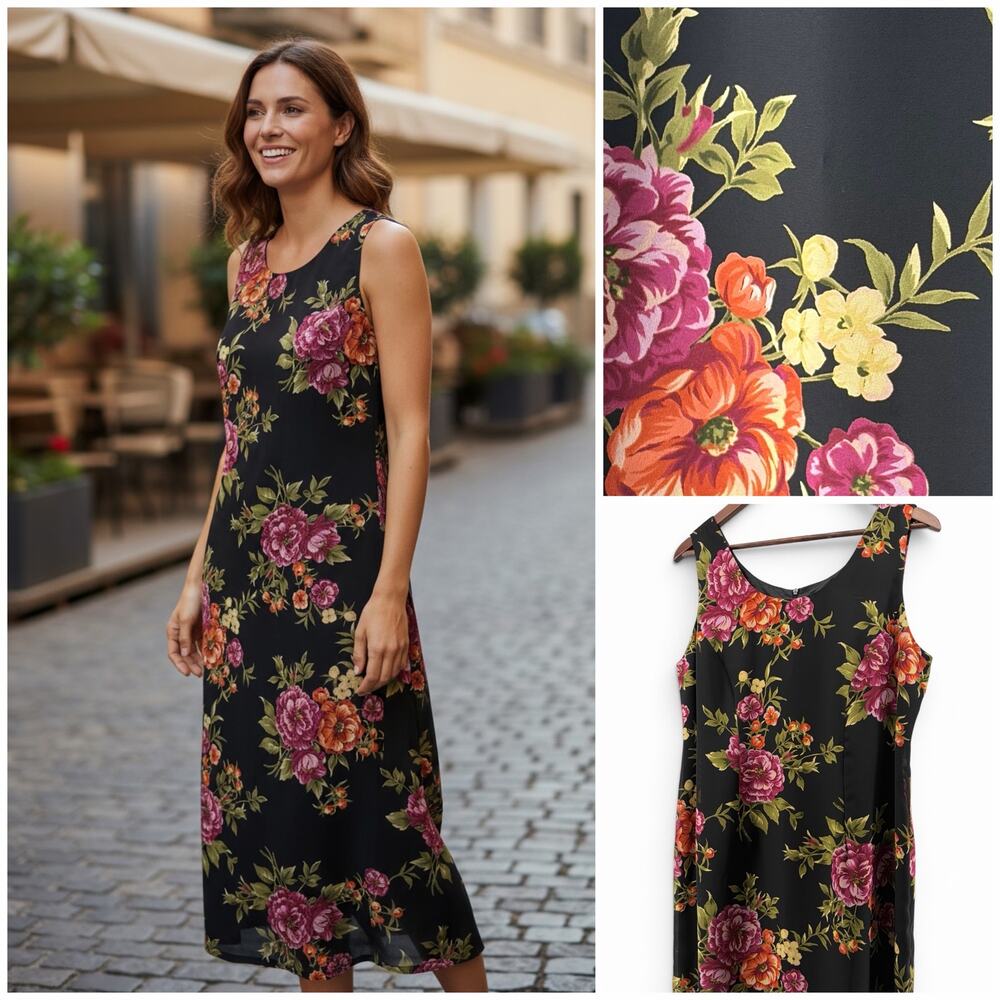 Vintage 90s Olivia Rose Floral Maxi Dress Black‎ Sleeveless Size 14P